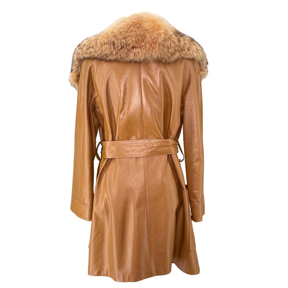 Joseph Magnin Vintage 70s Leather Trench Fox Fur Collar Belted Size 10 - Picture 5 of 8
